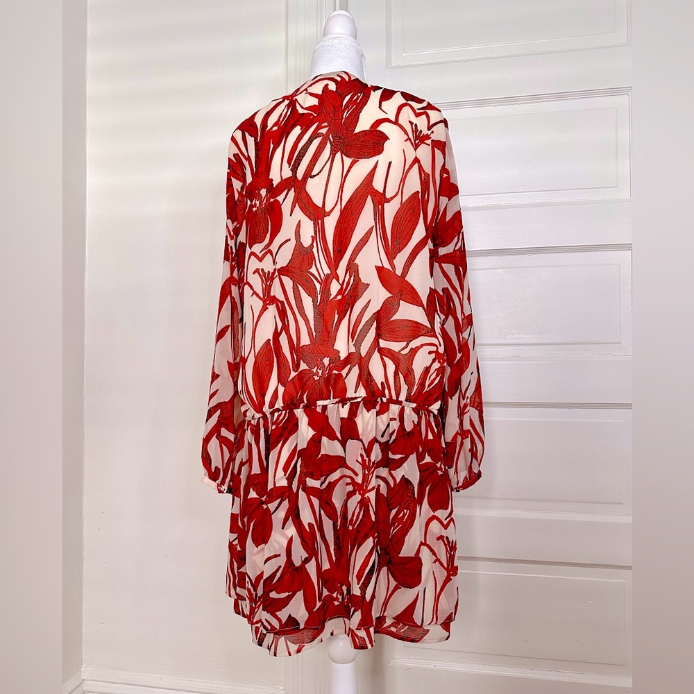 NWT Mango Suiting Red Floral V-Neck Sheer Long Sleeve Tunic Dress, Size 8 US - Picture 4 of 13